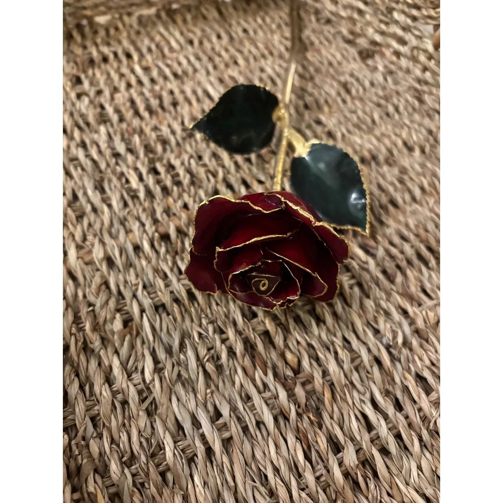 24k Gold Dipped Real Rose Red Lacquer Preserved Long Stem Gold Trim Ornament